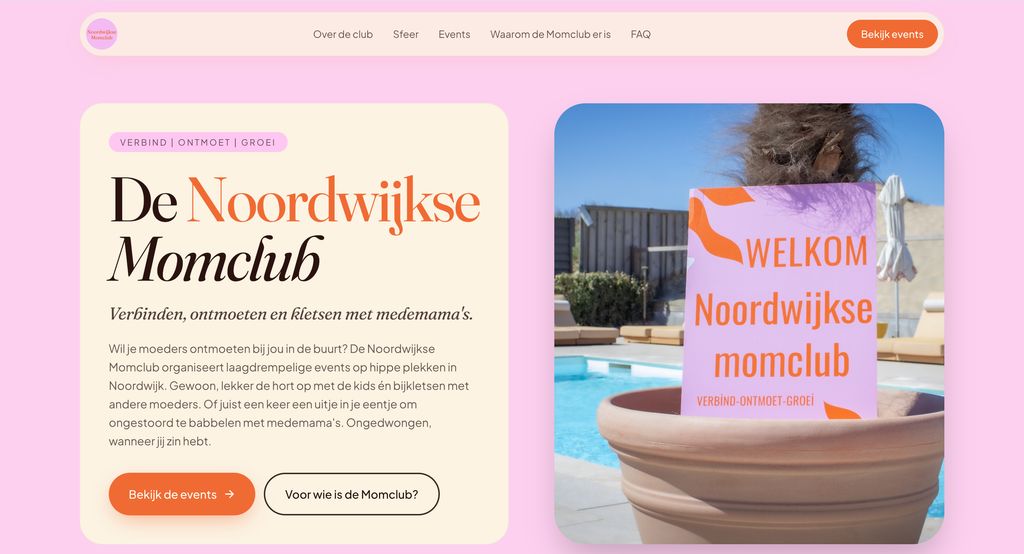Homepage van de Noordwijkse Momclub met hero-tekst en sfeerbeeld