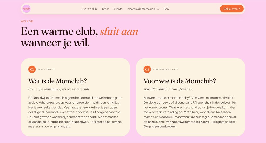 Sectie 'Wat is de Momclub' en 'Voor wie is het' op de website