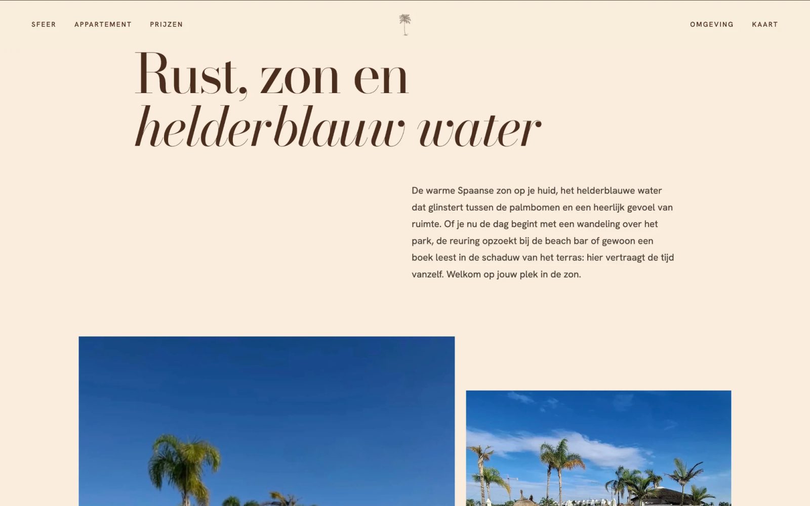 Sectie 'Rust, zon en helderblauw water' met sfeerfoto's van het resort