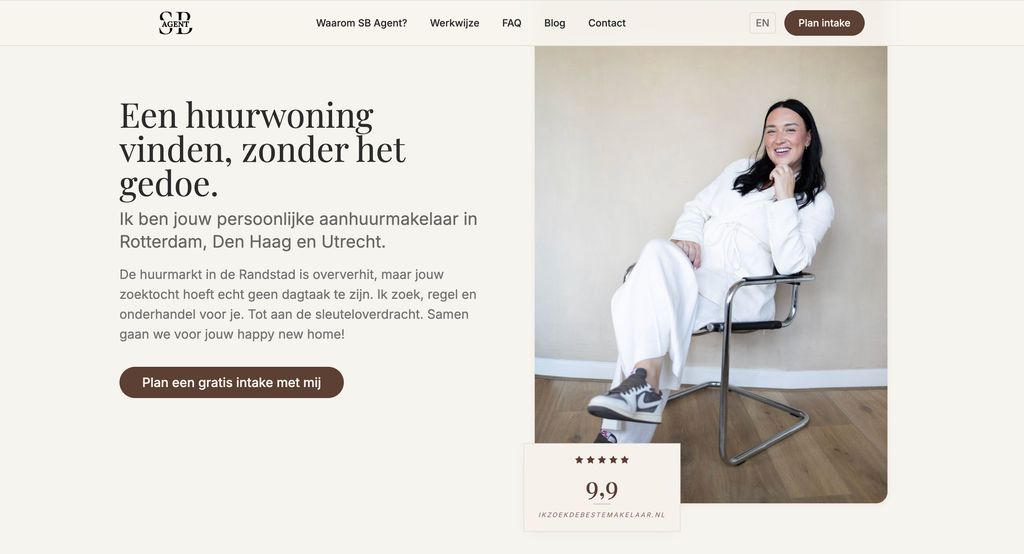 Homepage van SB Agent met hero-tekst en portretfoto